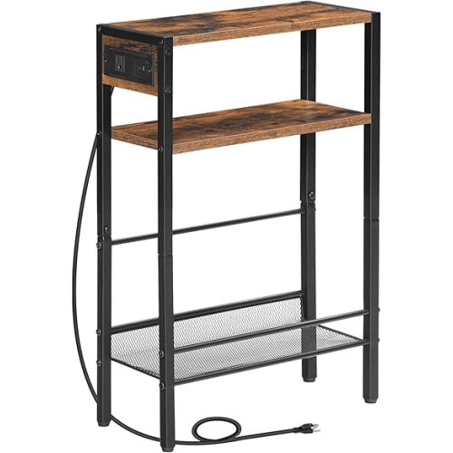 HOOBRO Small Narrow Side Table with Charging Station, Skinny End Table for Small Spaces, Slim Nightstand with USB Ports Outlet, Sofa Beside Table with Storage Shelf, Rustic Brown and Black BF102UBZ01