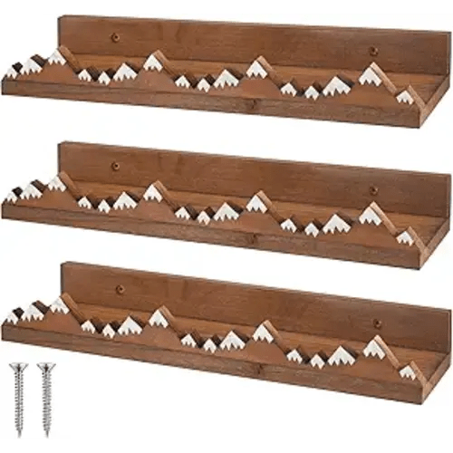 3 Pcs Snow Mountain Floating Shelves Wood Nursery Book Shelves Wall Mounted Rustic Floating Ledge for Kids Room(Dark Brown)