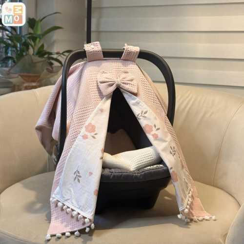 Powder Pink Cotton Baby Car Seat Cover, Waffle-Poplin Fabric, Stroller Canopy Pram Liner wf13