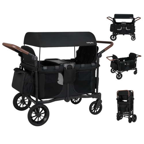 Costway Wagon Stroller, Foldable 4-Seater Push-Pull Toddler Stroller with Removable Canopy Black