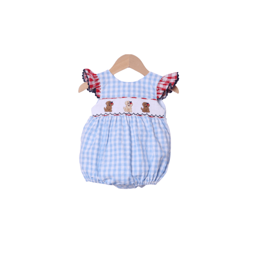 Smocked Blue Gingham Patriotic Pup Bubble