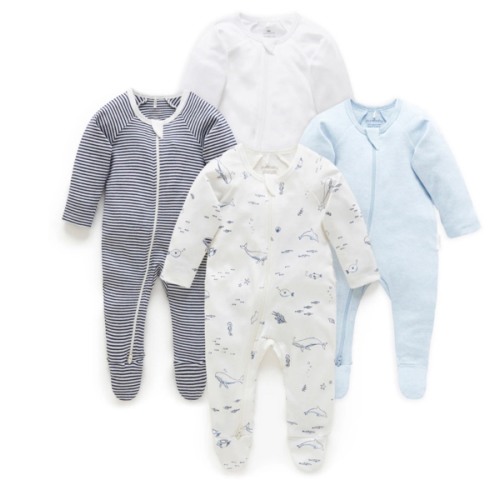 4 Pack Baby Growsuits – Vanilla Nautical | Purebaby - Purebaby