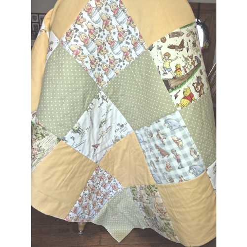 Handmade Winnie the Pooh Baby Quilt, Sage Green & Muted Yellow, Patchwork