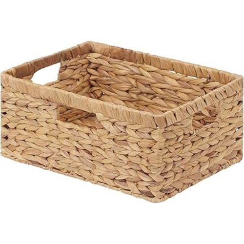 StorageWorks Large Rectangular Wicker Basket, Water Hyacinth Storage Basket with Built-in Handles, 1 Pack