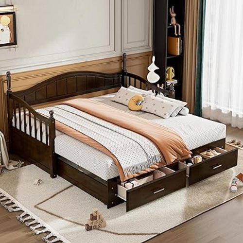 Merax Modern Wood Daybed with Pop Up Trundle Twin to King Extendable Sofa Bed Frame for Kids Teens Adults/No Box Spring Needed Espresso