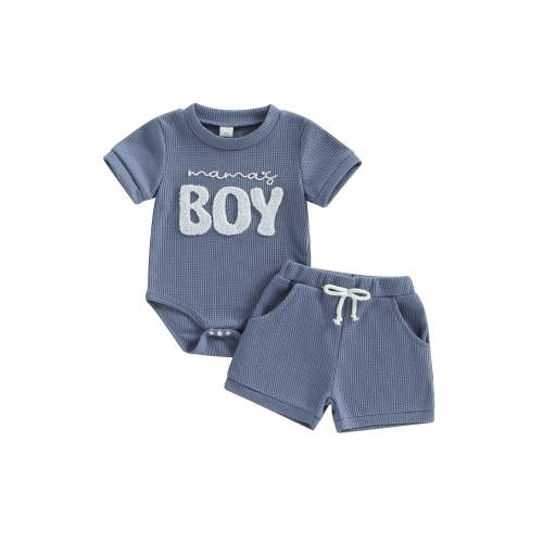 Loicainy Infant Baby Boy Summer Outfits 3 6 12 18 Month Letter Embroidered Crew Neck Short Sleeve Romper and Shorts 2 Pcs Clothes Set