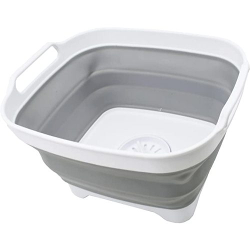 SAMMART 7.5L (2 Gallons) Collapsible Dishpan with Draining Plug - Foldable Washing Basin - Portable Dish Washing Tub - Space Saving Kitchen Storage Tray (White/Grey, 1)