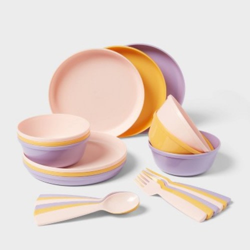 Kids' 24pc Plastic Dinnerware Serving Set Warm Color - Pillowfort™