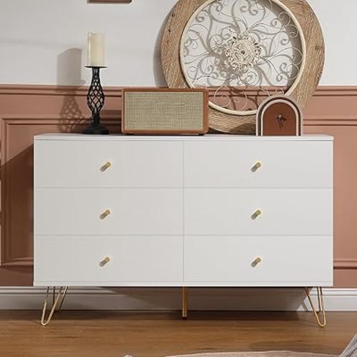 6 Drawers Dresser for Bedroom, 47” Wide Wood Chest of Drawers TV Stand, Modern White Dresser for Kids Bedroom Closet Store Organizer and Storage for Living Room, Closet, Hallway