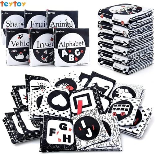 My First Soft Book,teytoy Nontoxic Fabric Baby Cloth Activity Crinkle Soft Black and White Book for Infants Boys and Girls Early Educational Toys Perfect for Baby Shower -Pack of 6 - Black+white