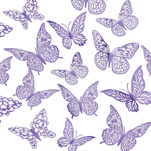 3D Butterfly Wall Decor 3 Sizes 4 Styles Butterfly Party Decorations Cake Decorations Removable Stickers Wall Decor Room Mural Metallic Kids (Purple, 48Pcs)