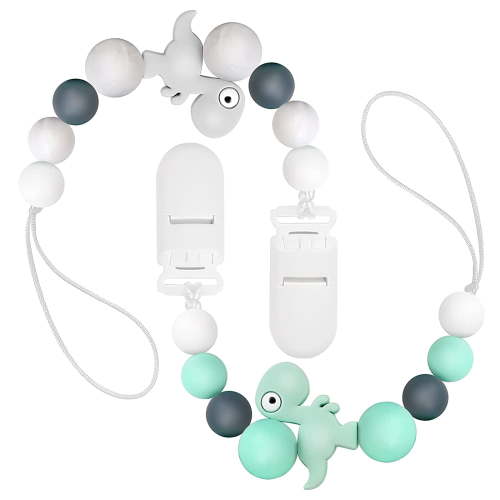 Pacifier Clips for Baby, Universal Food Grade Silicone Pacifier Holder for Boys and Girls, Teething Toys Teethers - 2 Pack (Green+Grey)