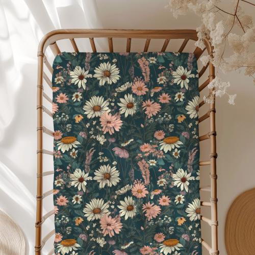 Wildflower Daisy Crib Sheet: Boho Floral Jersey Knit Bedding