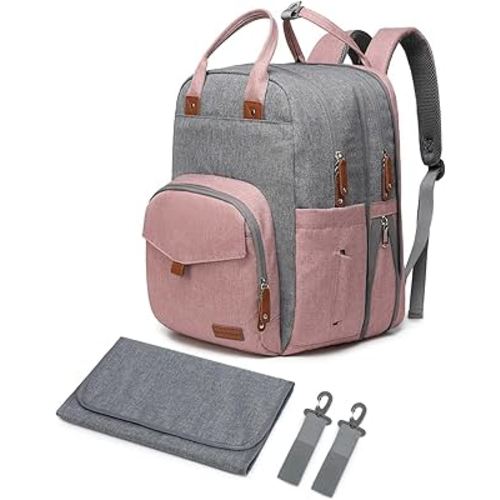 Large Diaper Bag Backpack for Two Kids Twins - Expandable Baby Bag (26-36L), Dual Big Compartments - Includes Changing Pad & Stroller Straps, Unisex Pink Grey