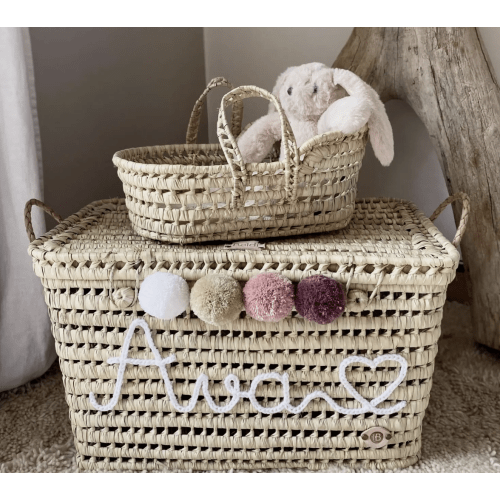 Personalized Wicker Toy Chest – Handwoven Storage Box with Crochet Embroidery - Nursery Storage, Kids Toy Box, Baby Gift