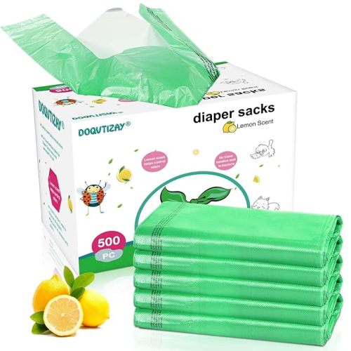 Baby Disposable Diaper Bags 500 Count Easy-To-Tie Diaper Sacks Enhanced Odor Control with Lemon Scent for Diaper Disposal or Pet Waste