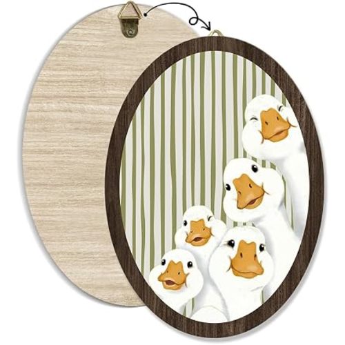 Vintage Goose Oval Wall Art, Green Striped Cottage Core Decor, Wooden Farmhouse Whimsical Decor, Funny Animal Wall Art, Western Hanging Home Decors for Living Room Bedroom Bathroom Apartment, 3