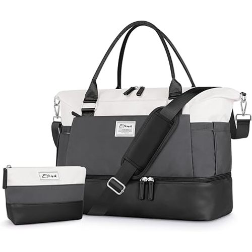 ETRONIK Weekender Bags for Women, Carry On Overnight Bag with Shoe Compartment, Travel Duffel Bag with Wet Pocket, Mom Hospital Bags for Labor and Delivery Black&Grey, Large Size