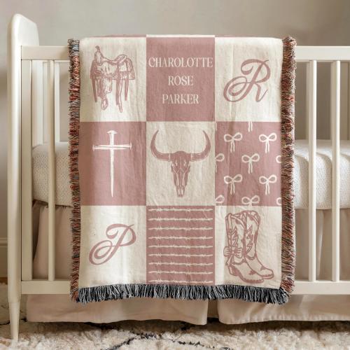 Coquette Western Personalized Baby Blanket: Cowgirl Patchwork Woven Throw Newborn Gift