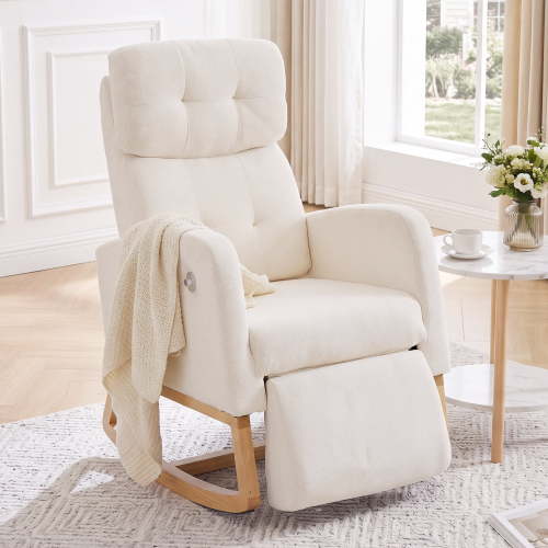 DOLONM Rocking Chair Nursery, Nursing Rocking Chairs with Foot Rest for Mom Nursery, Glider Rocker Chair with Footrest and High Backrest for Living Room, Bedroom, Beige