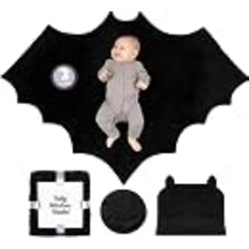 Sherpa Fleece Goth Bat Baby Swaddle Blanket Gift Set with Milestone Stickers, Bat Hat & Wings, Crib Size