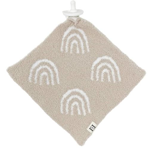 Rainbow Baby Lovey Pacifier/Teether Holder 10"x10" - DreamSoft Knitted Cuddly Soothie Reversible Mini Comfort Security Blanket - Snuggle Newborn Gift Essential for Babies Boys and Girls (Tan/White)