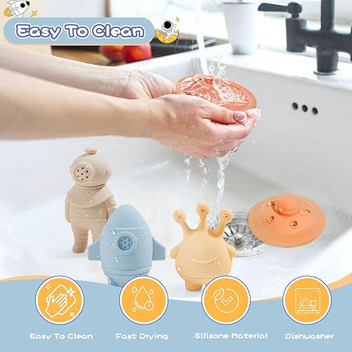 Bath Toys, Space & Rocket 4 Pack | Dishwasher-Safe & Mold Free Silicone Bath Toys | Soft, Squeezable & Float on Water | Soft & Easy-Grip Baby & Toddler Bath Toy Set | Baby Pool Toys