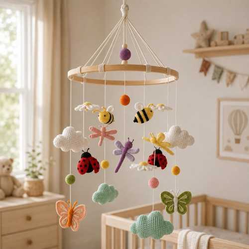 Crochet Garden Bugs Baby Mobile, Bee Dragonfly Ladybug Butterfly Crib Mobile, Handmade Insect Room Decor, Baby Shower Gift