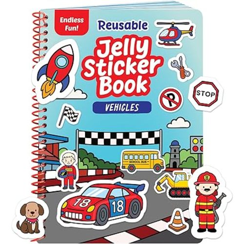 Reusable Sticker Book - Vehicles Stickers for Toddlers & Kids 3-5: Boys Easter Basket Stuffers & Easter Basket Essentials - Fun Activity in Airplane & Cars, Jelly Sticker Books for Toddlers 1-3 2-4