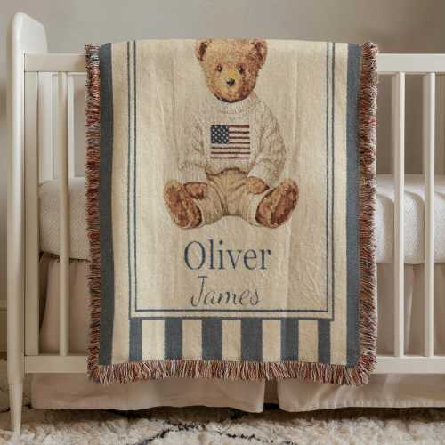 Personalized Teddy Bear Woven Blanket, Vintage Americana Nursery Decor, Custom Name Baby Tapestry, Classic Heirloom Gift