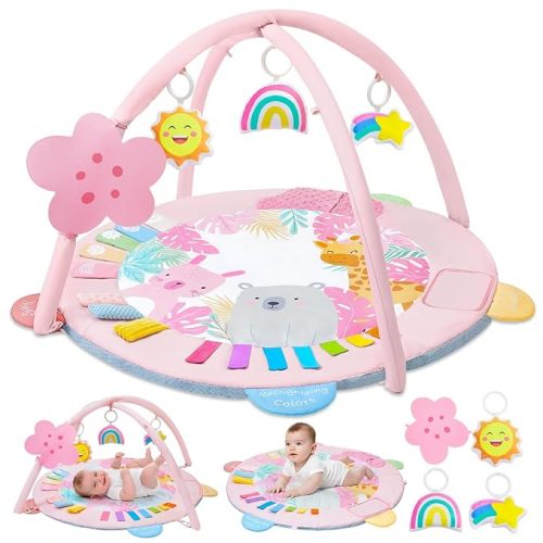 Baby Play Gym Mat Tummy Time Mat, Washable Baby Activity Play Mat for Sensory, Visual, Hearing, Touch Development, Baby Toys Shower Gift for Newborn Essentials
