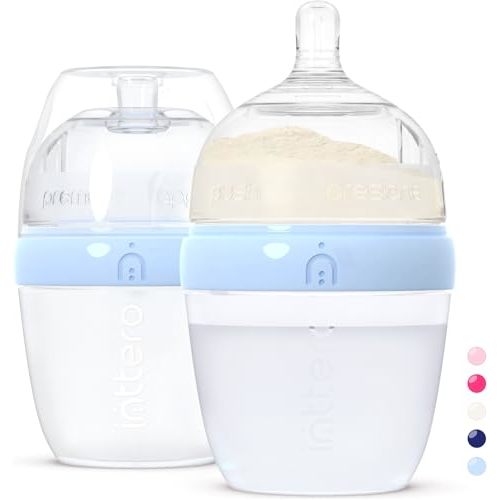 Baby Bottles with Built-in Formula Dispenser, Anti-Colic Wide Neck Design for Newborn Feeding and Everyday Baby Essentials, 6 Oz Slow Flow (2 Pack), Cute Blue