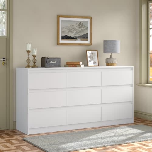 Modern 9 Large Storage Drawers Dresser for Clothes Organizer, White Modern Chest of Drawers for Closet, 60" Long Drawer Organizer Cabinet for Bedroom,Living Room,Entryway,Hallway
