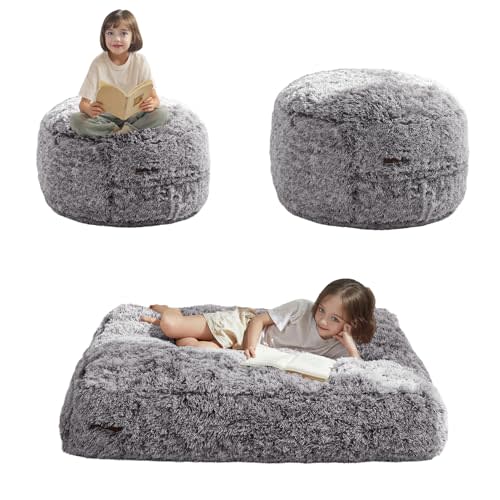MAXYOYO Bean Bag Chair Bed for Kids, Plush Convertible Bean Bag Folds from Lazy Chair to Floor Mattress Bed, Stuffed Floor Sofa Couch for Boys and Girls, Machine Washable, Black