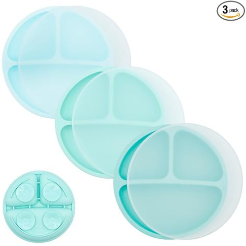 WeeSprout Suction Plates for Babies With Lids & Toddlers - 100% Silicone, Dinnerware Stays Put, Divided Design for Picky Eaters, Microwave & Dishwasher Friendly, 3 Pack