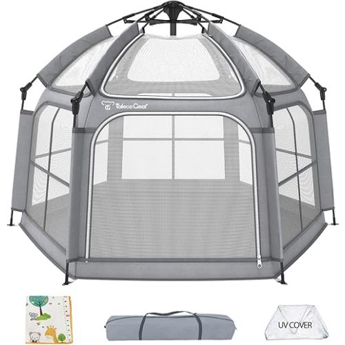 Baby Playpen with Canopy - Instant Pop-Up Portable Play Yard with Mat for Infants & Toddlers, Lightweight Foldable Indoor Outdoor Playpen Tent for Beach Camping Travel, Includes Carry Bag & Anchors