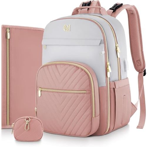 MOMUVO Diaper Bag Backpack, Quilted Baby Bag with Changing Pad & Stroller Straps & Pacifier Case, Large Travel Diaper Bags for Mom Dad, Pink Grey