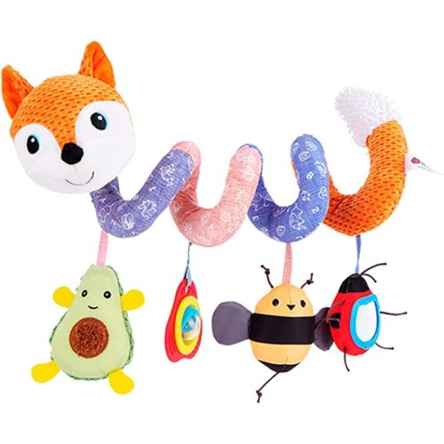 Jollybaby Crib Stroller Car Seat Toys for Baby 0-3-6-9-12 Months, Tummy Time Hanging Sensory Toys for Newborn with Music Box and Teether, Spiral Carseat Toy for Infant Boys Girls Gift (03-Orange Fox)