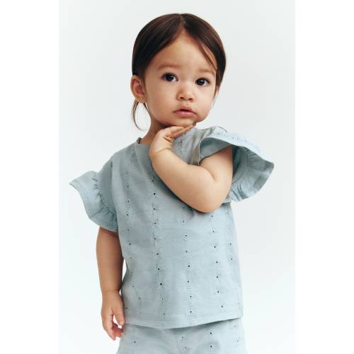 FLUTTER-SLEEVE TOP WITH EYELET EMBROIDERY