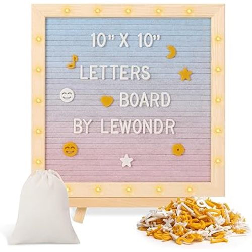 Lewondr Felt Letter Board, 10"×10" Wooden Letter Board Sign, Changeable Message Board with 20 LED Lights & 340 Letters, Pregnancy Baby Announcement Sign, First School Day Board, Colorful