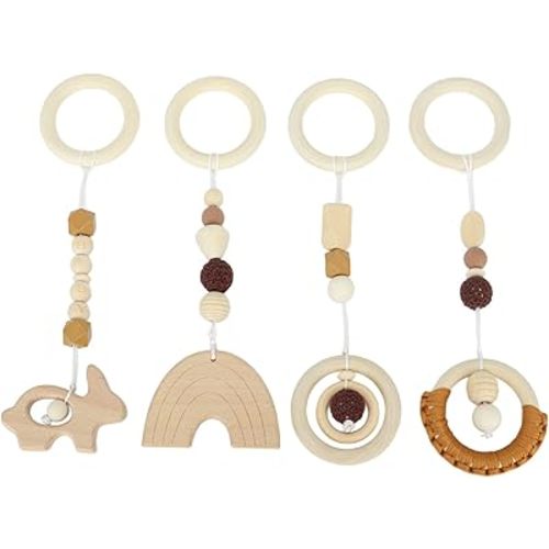 Srliya 4 Pcs Wooden Hanging, Stroller Pendant Baby Play Gym Wooden Hanging for Toddlers Infants (Brown)