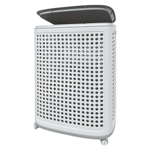 Laundry Basket with Wheels & Lid, Rolling Clothes Hamper for Laundry Room, College Dorm, Bathroom, Bedroom - Ventilated Plastic Storage Basket with Handle, White (Medium)