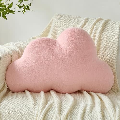 Cloud Pillows, Decorative Throw Pillow with Soft Plush for Couch Bed, Cloud Shaped Pillow Room Decor with Fluffy Faux Rabbit Fur for Living Room Bedroom (Pink, 11.8x18.5 Inches)