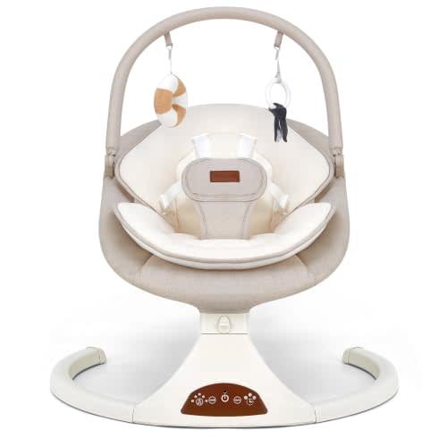 Portable Infant Swing Safety Lock 5-Speed Bluetooth Music & Timer Beige | 5 point harness, remote & touch panel, auto-off timer, Bluetooth & USB music, dual power options, indoor/outdoor use