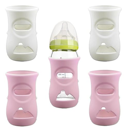 4 Pack Silicone Sleeves for Avent Natural Glass Baby Bottles, Anti Breakage Baby Bottle Holder, Compatible with Philips Avent Glass Natural Baby Bottle, BPA Free (Pink White, 8 OZ)