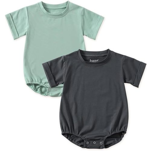 Jimonda Baby Bubble Rompers Boy Girl Solid Color T-Shirt Outfits Short Sleeve Button Bodysuit Cotton Tops Clothes 2Pcs