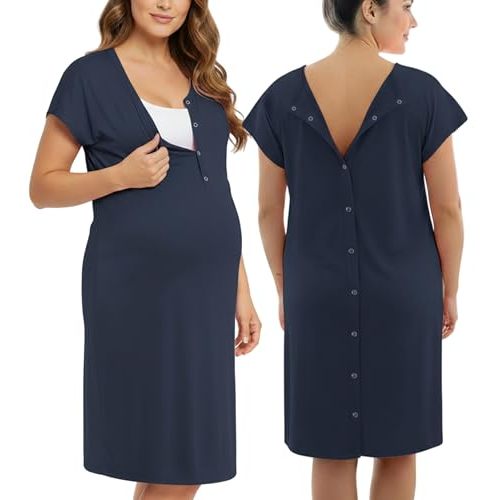 PATPAT Maternity Labor and Delivery Gown, Womens Hospital Gown with Pockets | Pregnancy through postpartum, soft fabric, full back opening for checks, easy nursing access, skin-to-skin, side pockets
