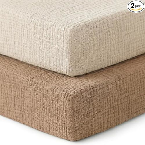 Pro Goleem Muslin Crib Sheets, 100% Cotton Crib Sheets for Boy Girl, 2 Pack Breathable Soft Neutral Baby Bed Sheets Set, Fits Standard Crib Mattress & Toddler Mattress 52"x28", (Brown＆Beige)
