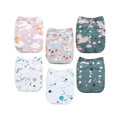 ALVABABY Baby Cloth Diaper 6 Pack with 12 Inserts One Size Cloth Diaper Covers Adjustable Washable Reusable for Baby Girls and Boys 6DM124