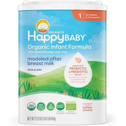 Happy Baby Organics Stage 1 Infant Formula, 0 12 Months, Milk Based Organic Baby Formula Powder with Iron, Probiotics & Prebiotics for Immune & Digestive Support, 22.9 Ounce (Pack of 1)